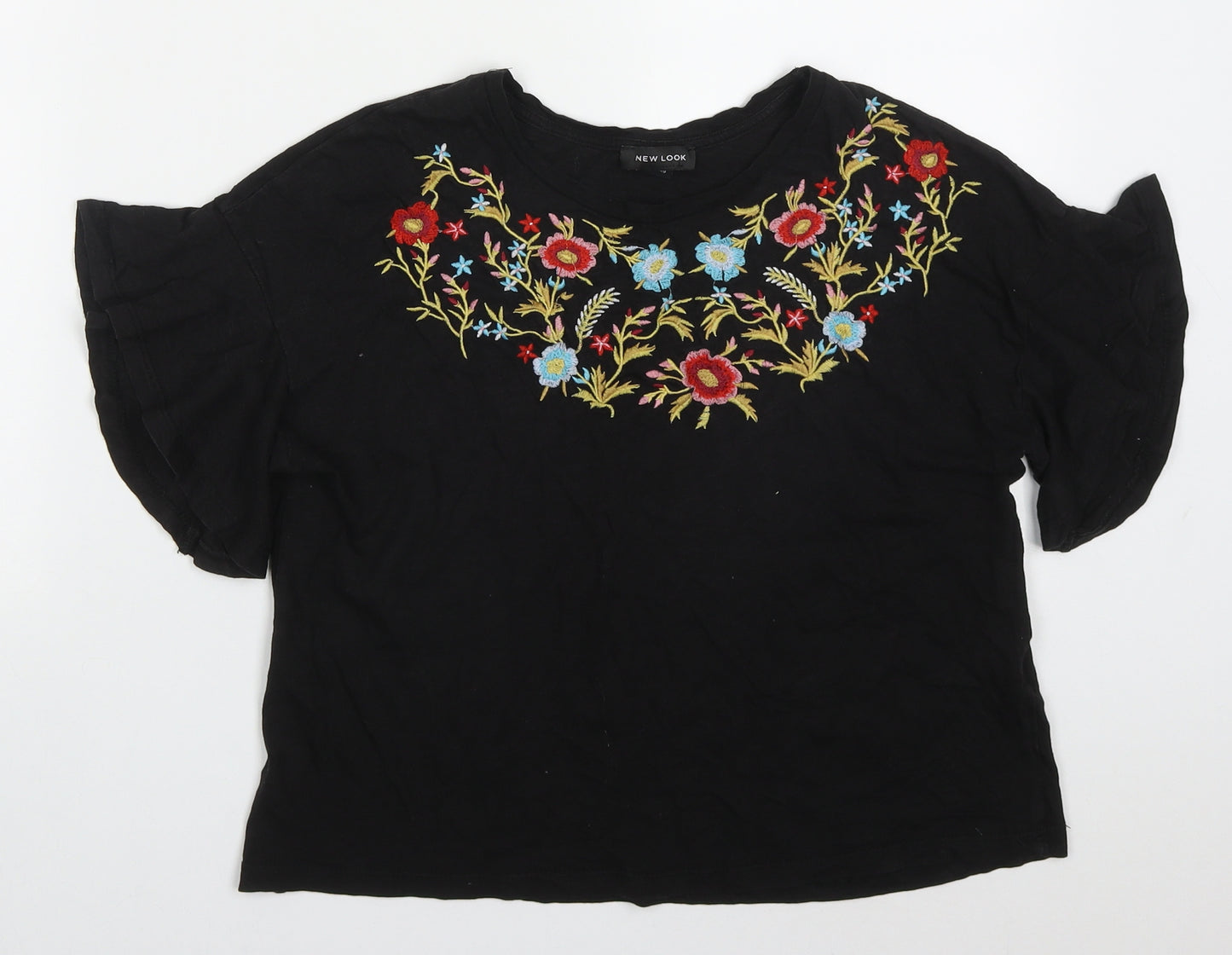 New Look Womens Beige Floral Cotton Basic T-Shirt Size 10 Round Neck