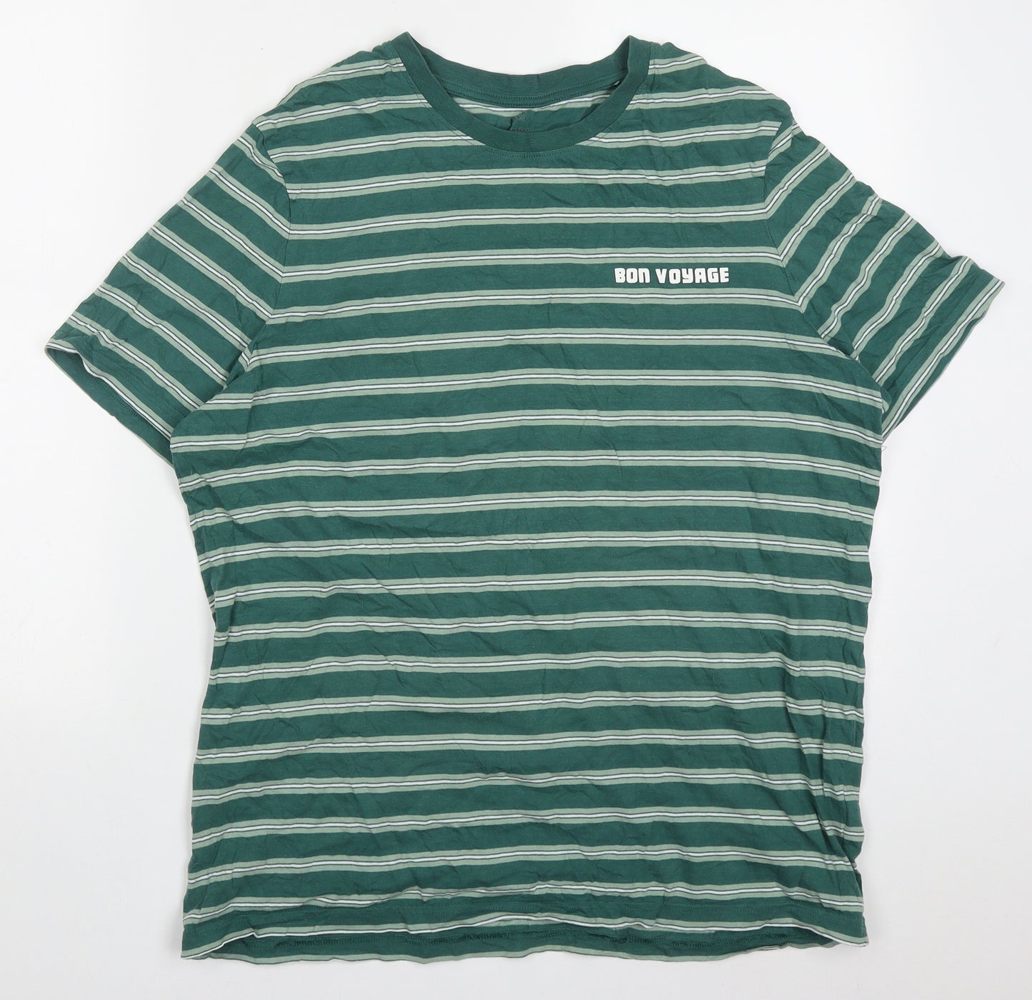 Marks and Spencer Mens Green Striped Cotton  T-Shirt Size L Crew Neck  - Bon Voyage