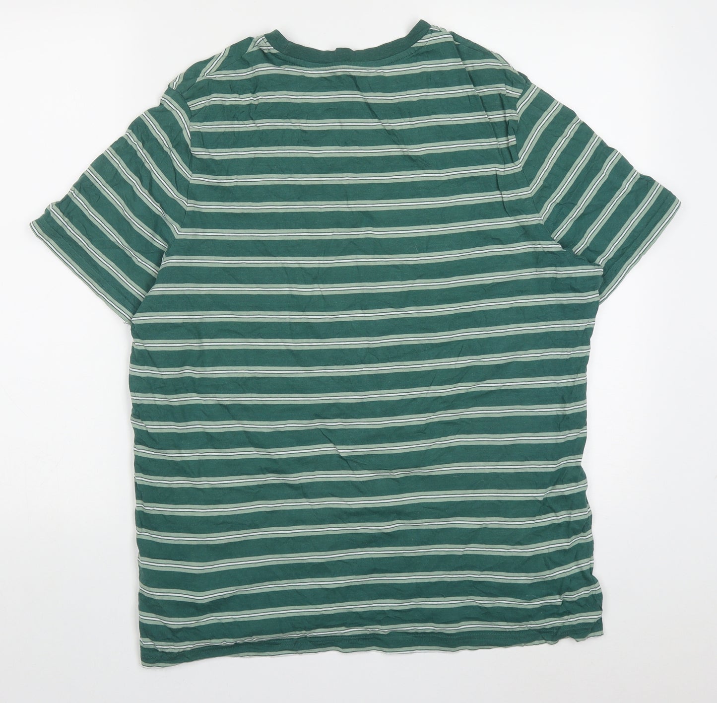 Marks and Spencer Mens Green Striped Cotton  T-Shirt Size L Crew Neck  - Bon Voyage