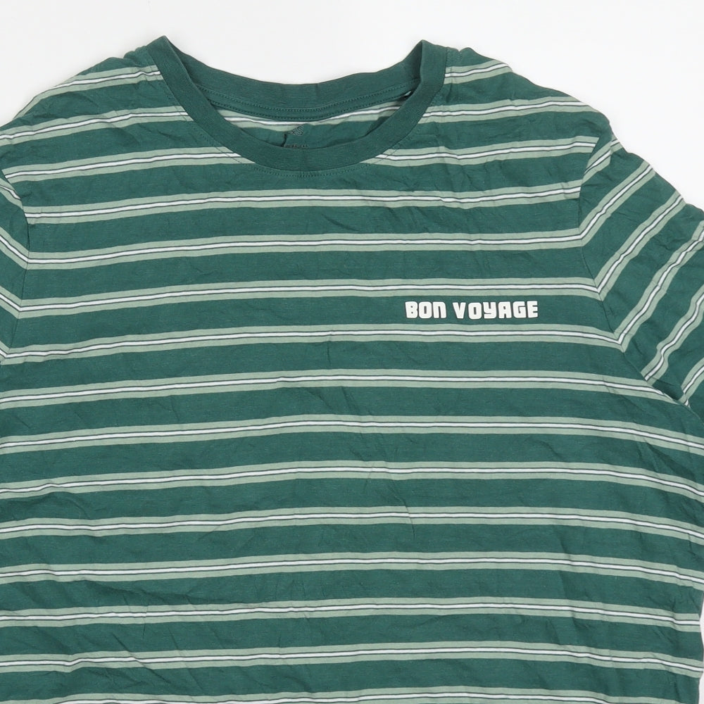 Marks and Spencer Mens Green Striped Cotton  T-Shirt Size L Crew Neck  - Bon Voyage