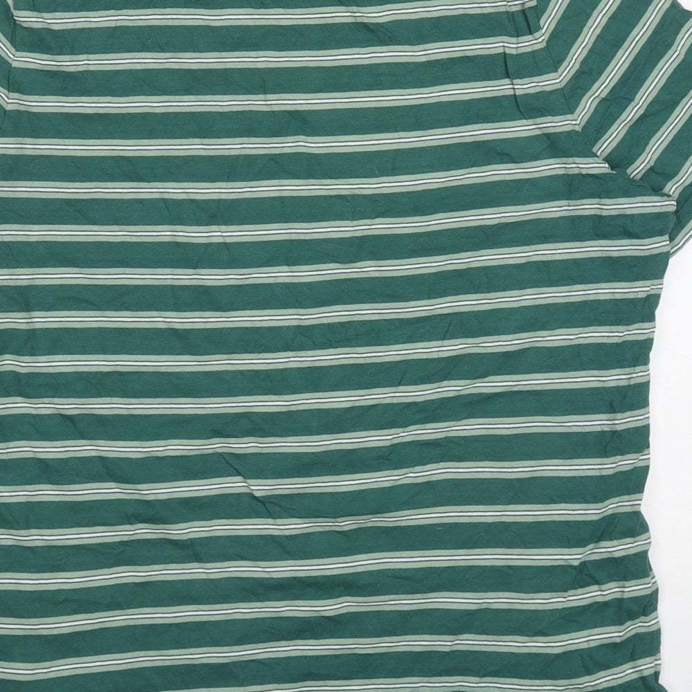 Marks and Spencer Mens Green Striped Cotton  T-Shirt Size L Crew Neck  - Bon Voyage