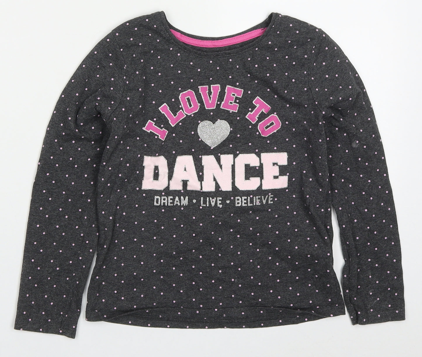Primark Girls Grey Polka Dot Cotton Basic T-Shirt Size 6-7 Years Round Neck Pullover - Love to Dance