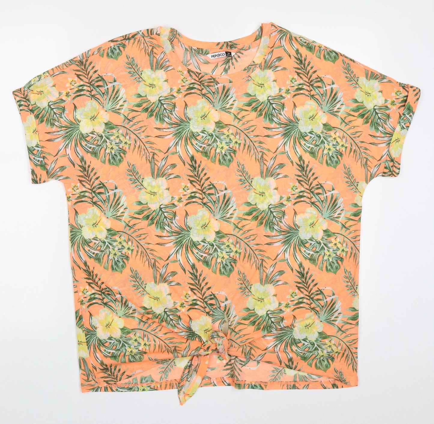 Pep&Co Womens Orange Floral Polyester Basic T-Shirt Size 14 Off the Shoulder