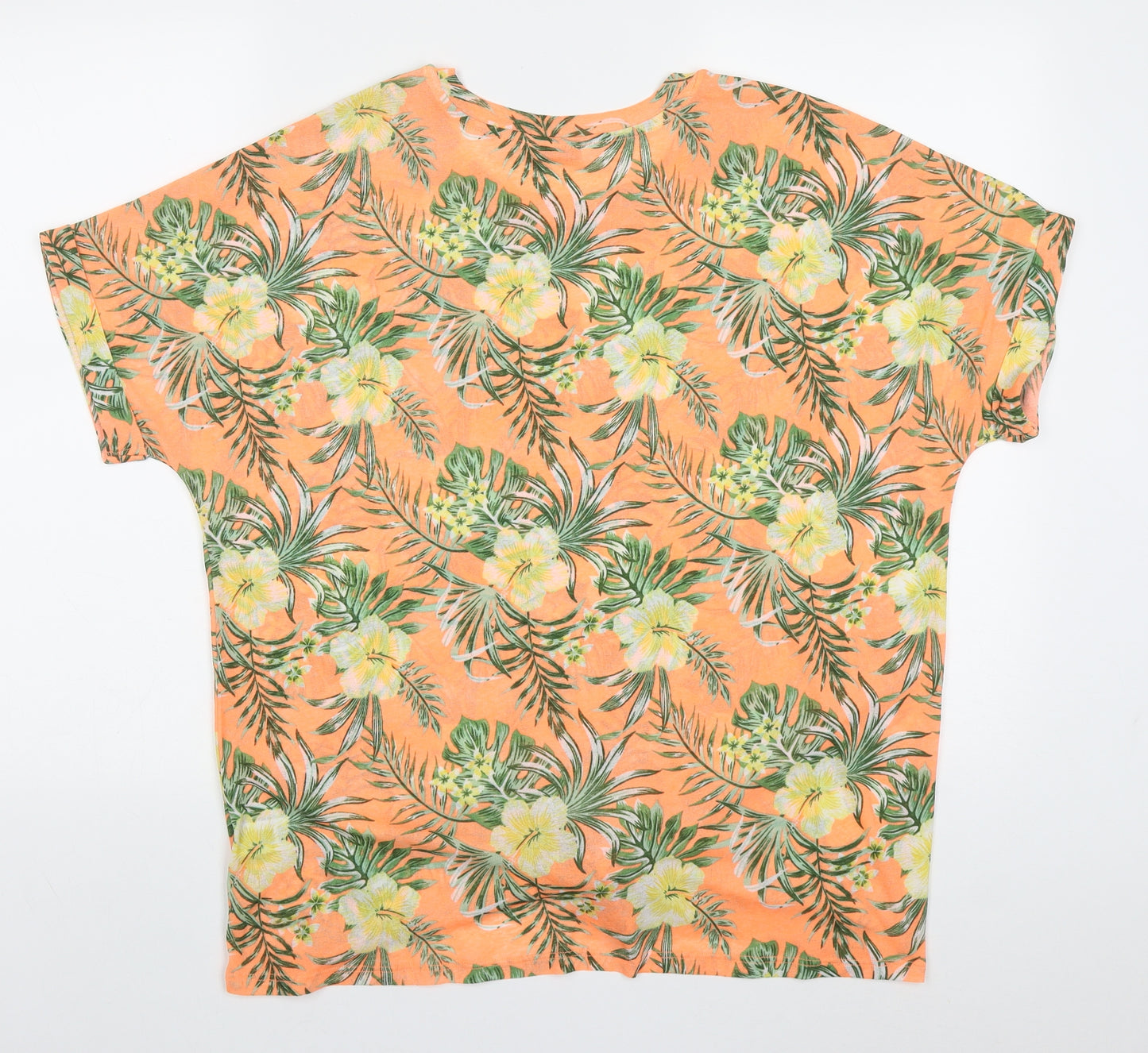 Pep&Co Womens Orange Floral Polyester Basic T-Shirt Size 14 Off the Shoulder