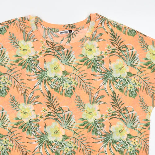 Pep&Co Womens Orange Floral Polyester Basic T-Shirt Size 14 Off the Shoulder
