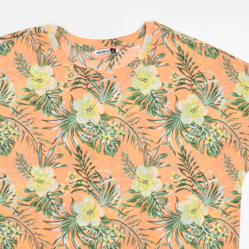 Pep&Co Womens Orange Floral Polyester Basic T-Shirt Size 14 Off the Shoulder