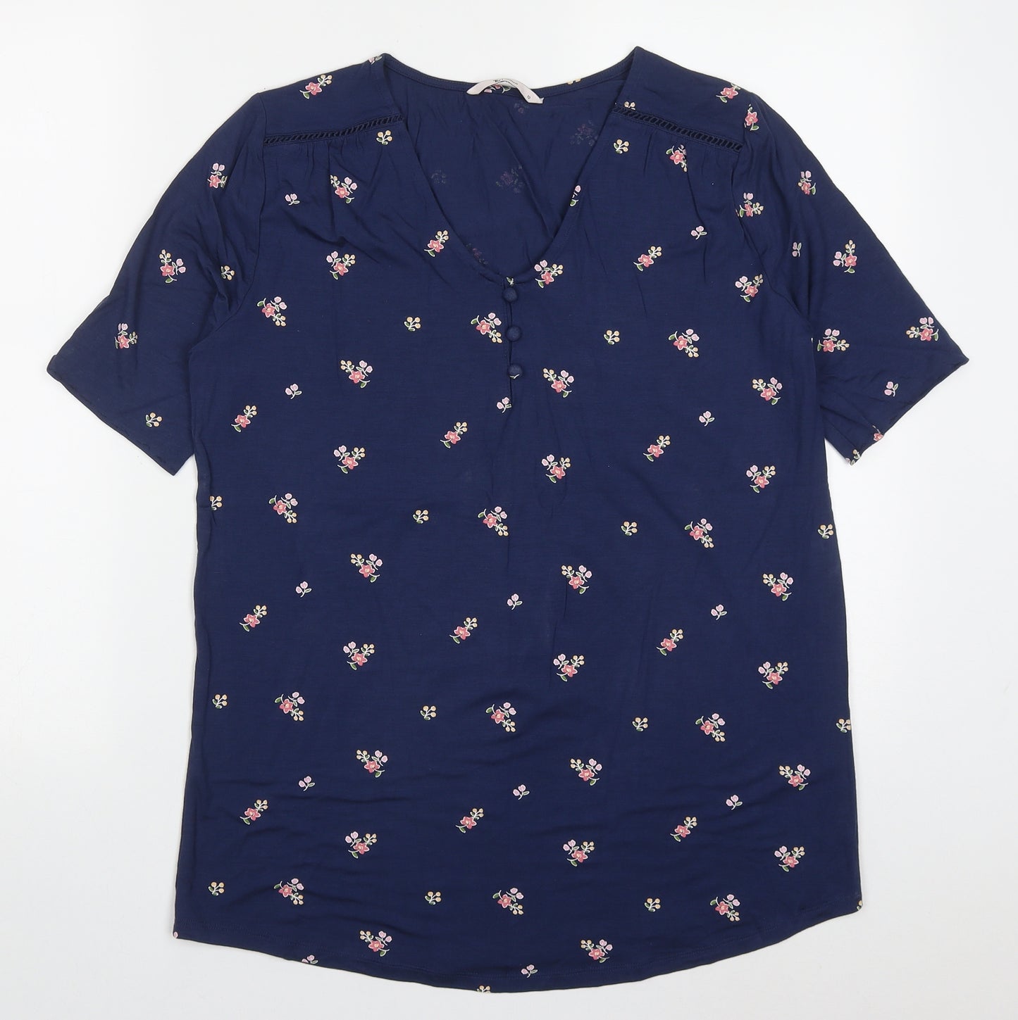TU Womens Blue Floral Modal Basic T-Shirt Size 12 V-Neck