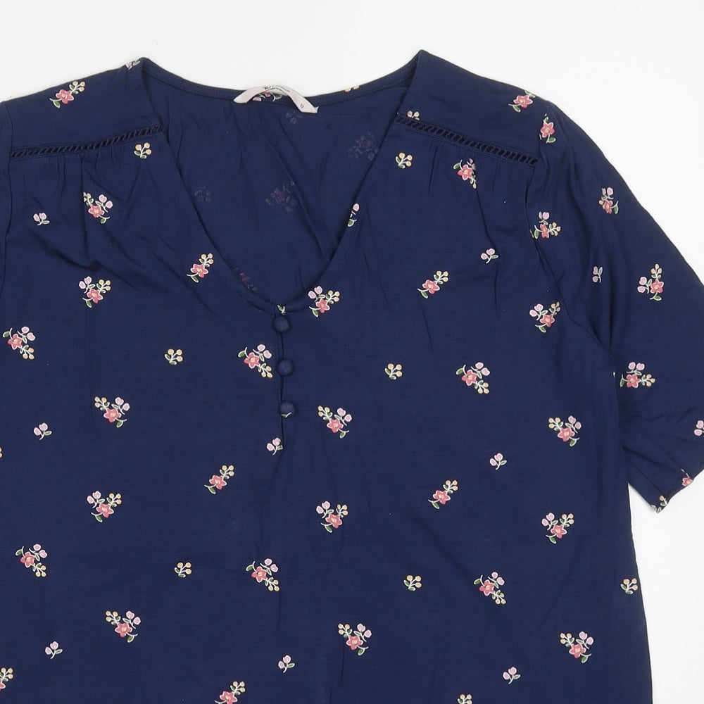 TU Womens Blue Floral Modal Basic T-Shirt Size 12 V-Neck