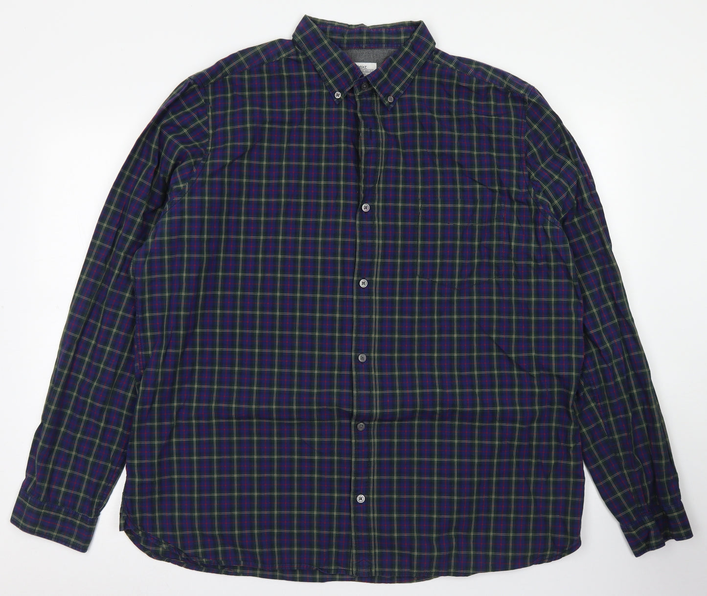 NEXT Mens Blue Plaid Cotton  Button-Up Size 2XL Collared Button