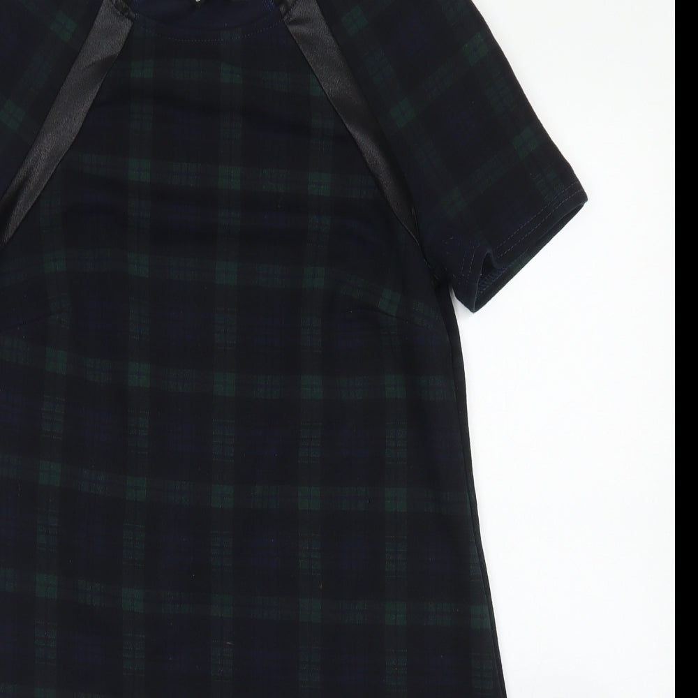 New Look Womens Blue Plaid Polyester A-Line  Size 12  Crew Neck
