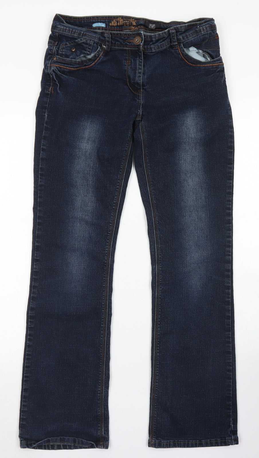 F&F Womens Blue  Cotton Bootcut Jeans Size 12 L30 in Regular Button