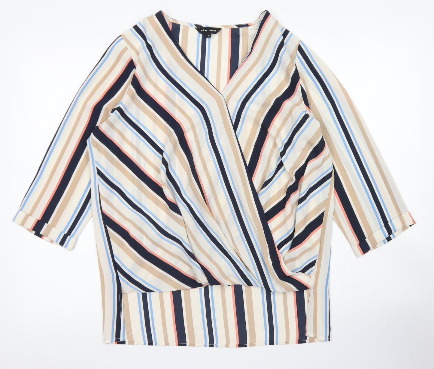 New Look Womens Brown Striped Polyester Basic Blouse Size 12 V-Neck