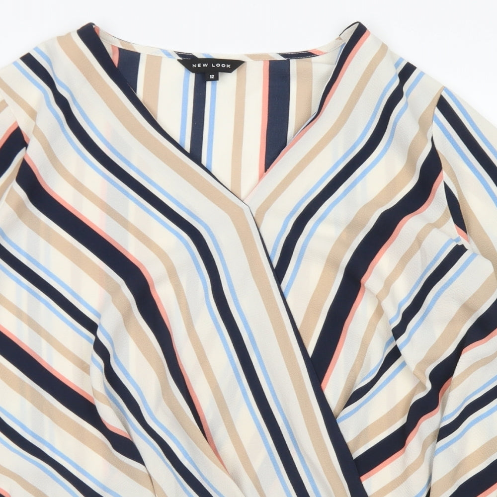 New Look Womens Brown Striped Polyester Basic Blouse Size 12 V-Neck