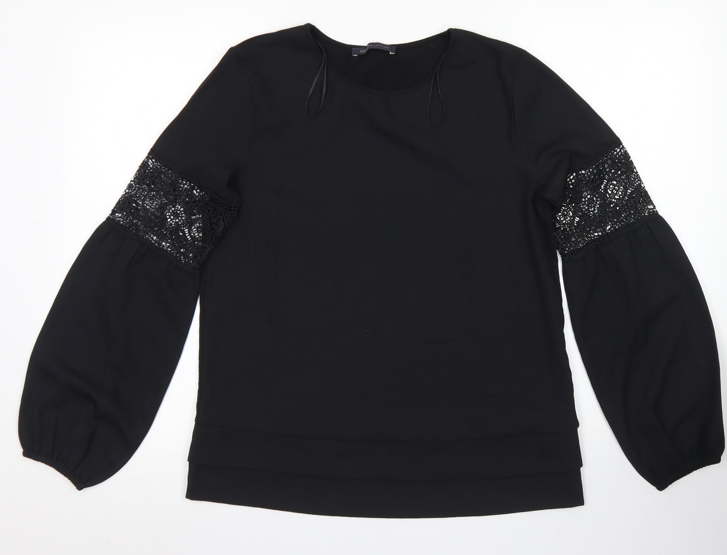 M&S Collection Womens Black  Polyester Basic Blouse Size 10 Round Neck - Lace sleeve detail