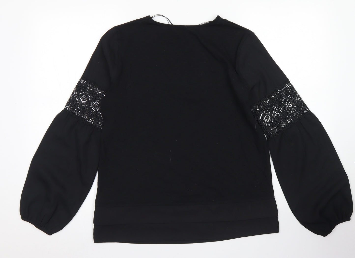 M&S Collection Womens Black  Polyester Basic Blouse Size 10 Round Neck - Lace sleeve detail