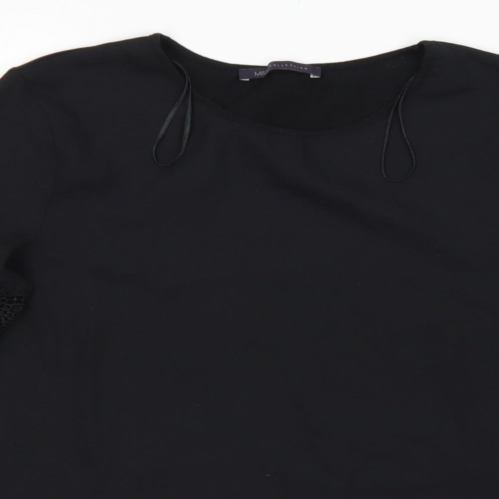 M&S Collection Womens Black  Polyester Basic Blouse Size 10 Round Neck - Lace sleeve detail