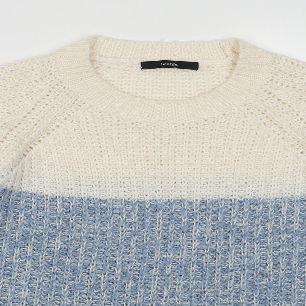 George Womens Blue Crew Neck Plaid Acrylic Pullover Jumper Size XS