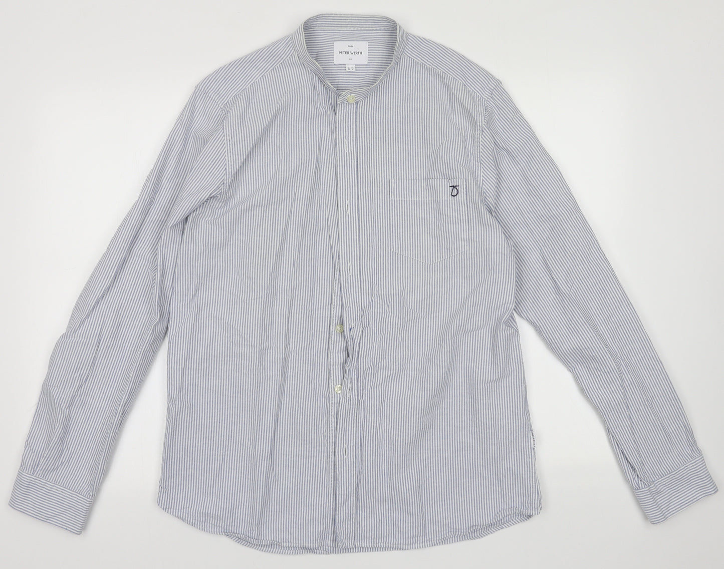 Peter Werth Mens Blue Striped Cotton  Button-Up Size L Crew Neck Button