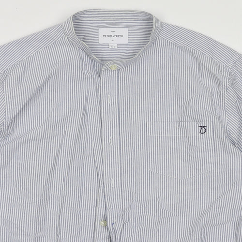 Peter Werth Mens Blue Striped Cotton  Button-Up Size L Crew Neck Button