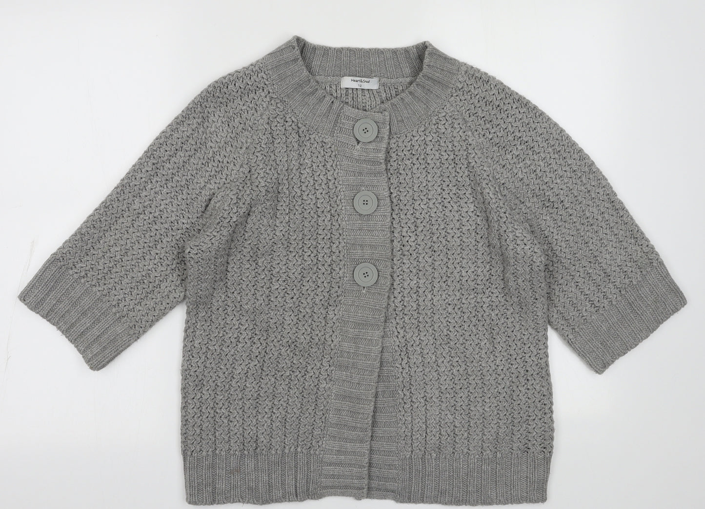 Heart &  Soul Womens Grey Crew Neck  Acrylic Cardigan Jumper Size 12