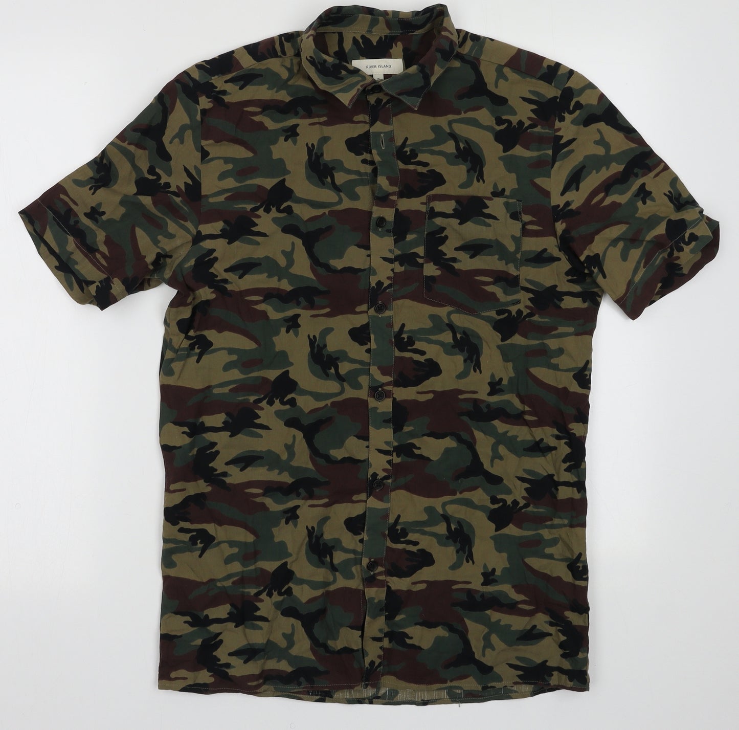 River Island Mens Green Camouflage Cotton  Button-Up Size S Collared Button