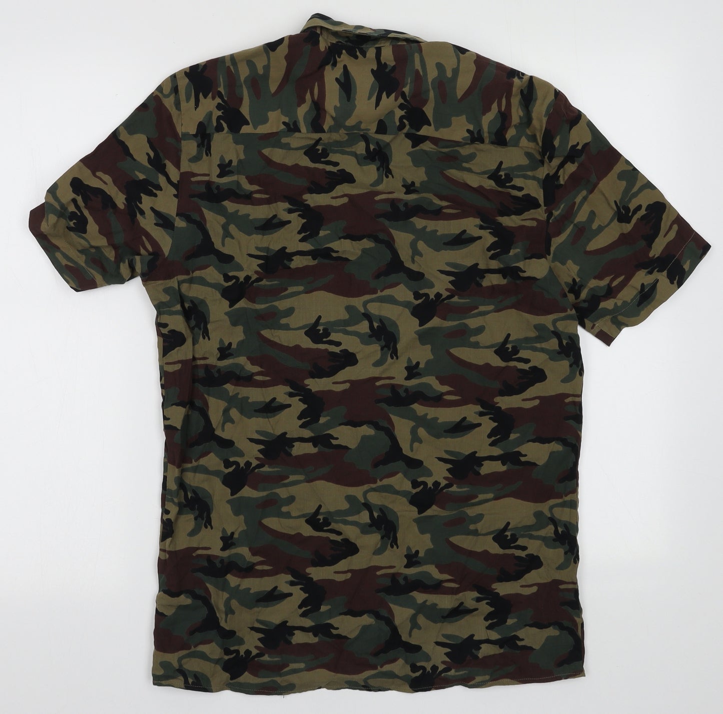 River Island Mens Green Camouflage Cotton  Button-Up Size S Collared Button