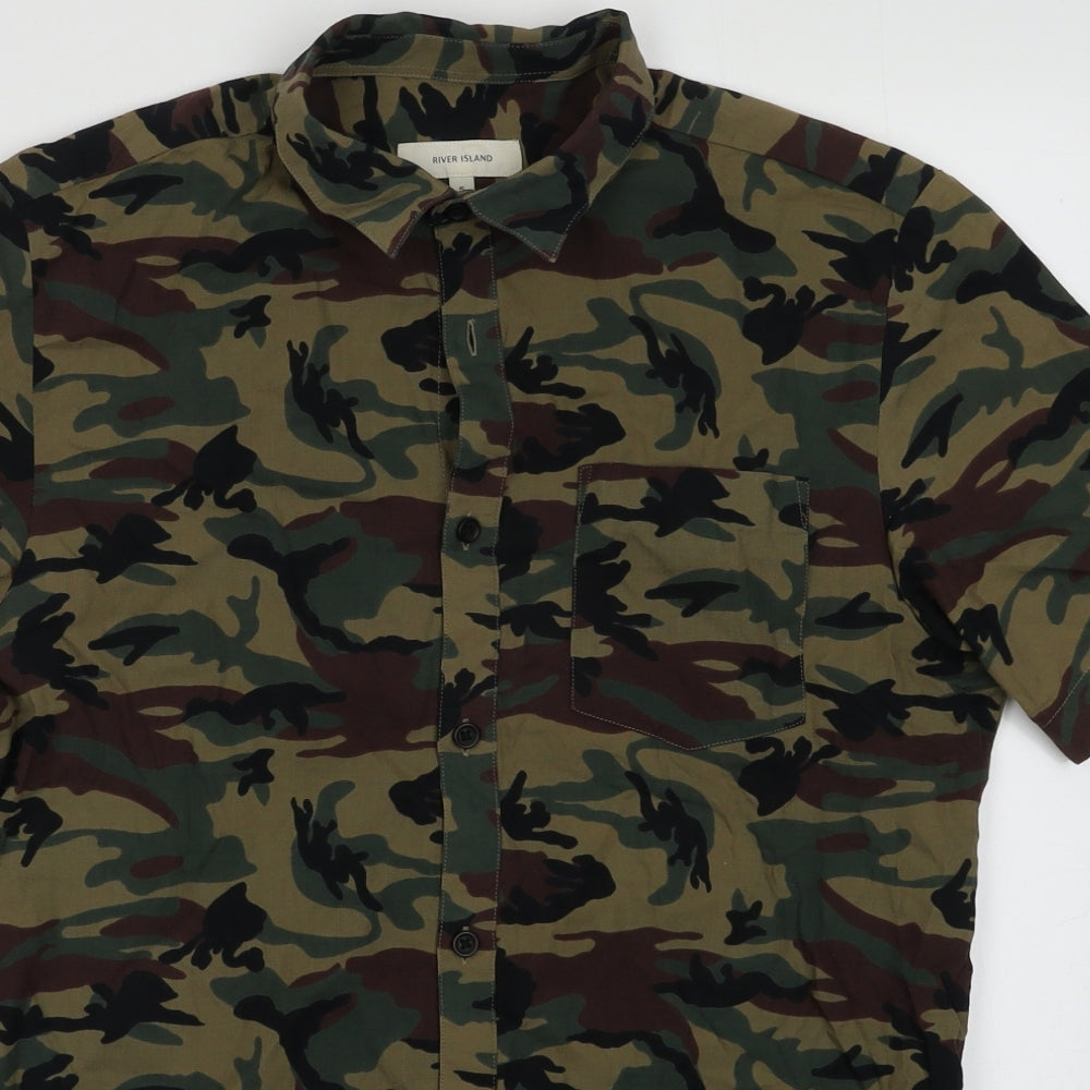 River Island Mens Green Camouflage Cotton  Button-Up Size S Collared Button