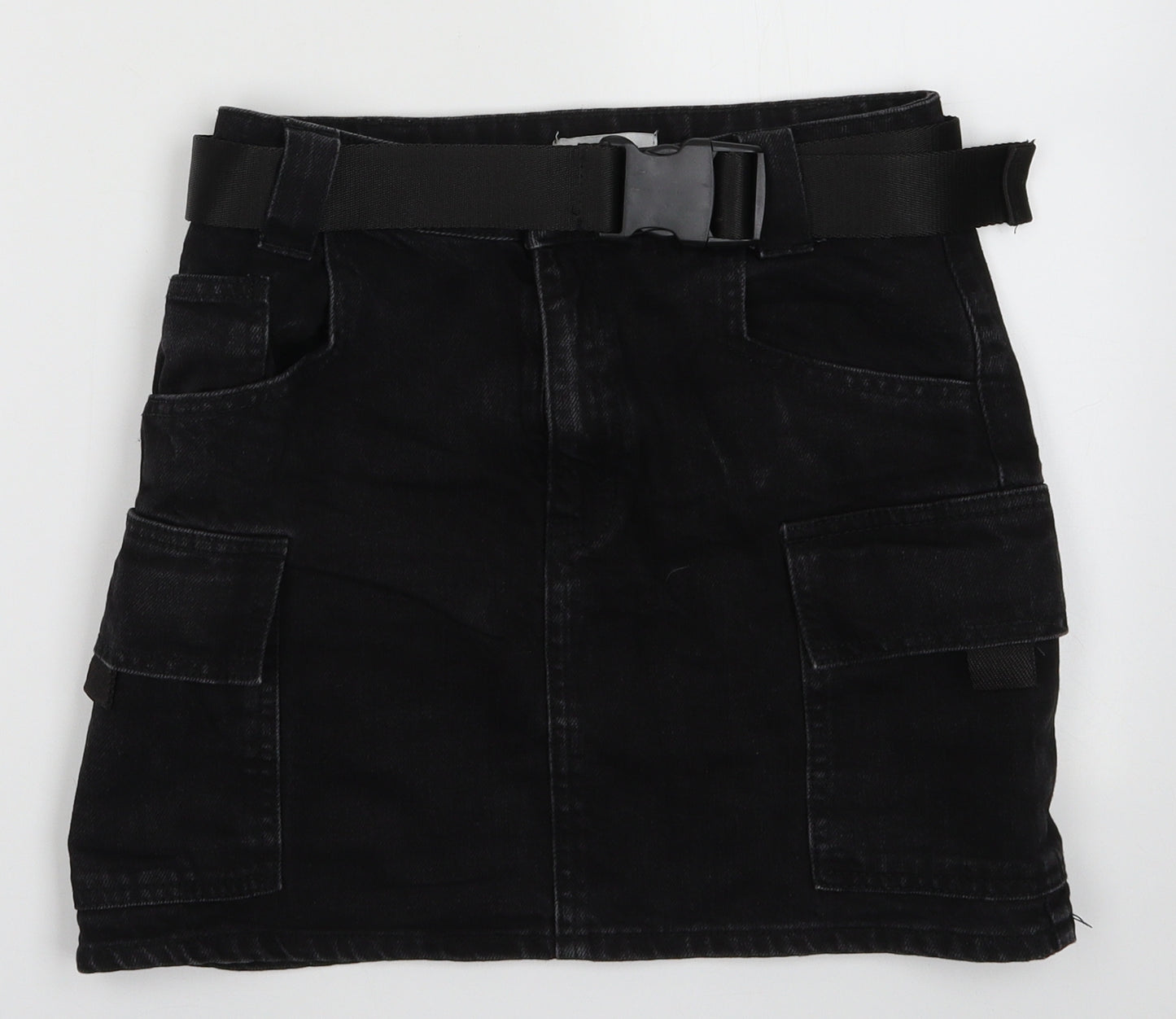 Topshop Womens Black  Cotton A-Line Skirt Size 8   Button