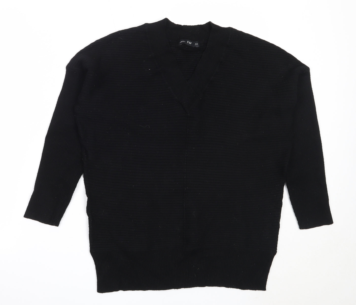 F&F Womens Black V-Neck  Viscose Pullover Jumper Size 14