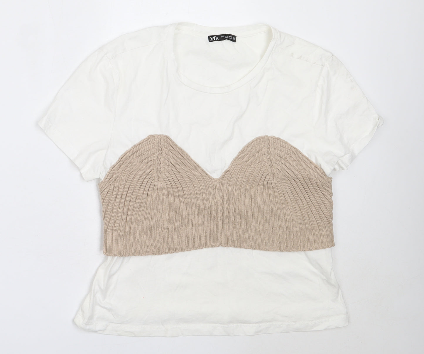 Zara Womens White  Cotton Basic T-Shirt Size L Round Neck