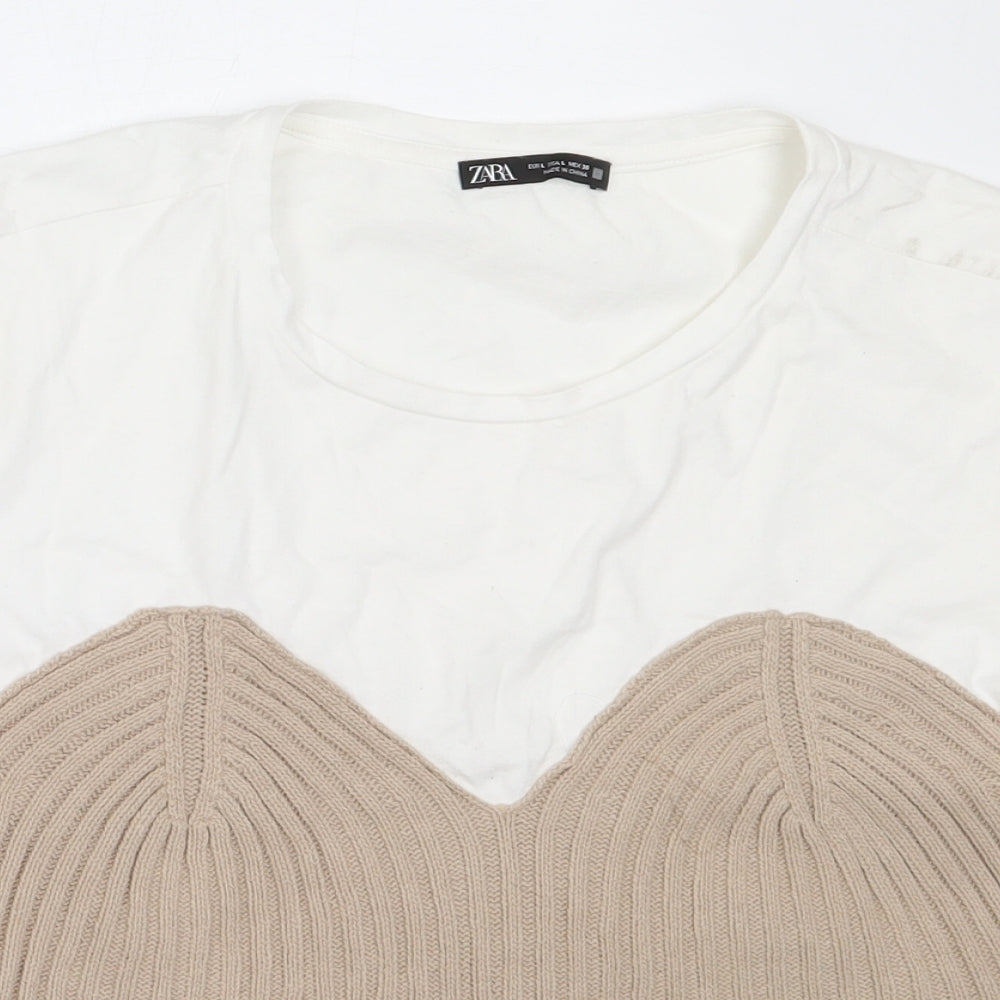 Zara Womens White  Cotton Basic T-Shirt Size L Round Neck