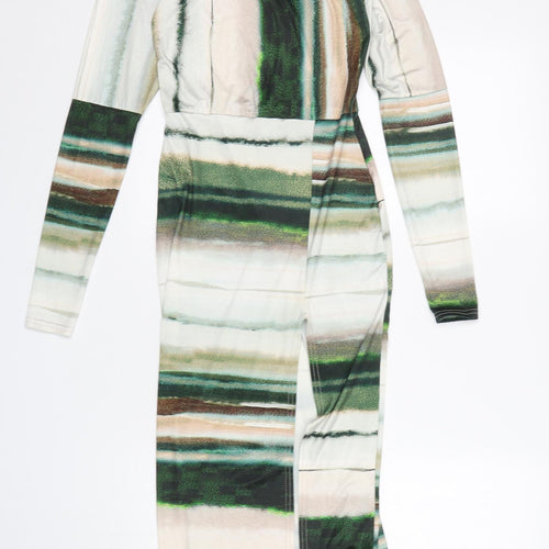 PRETTYLITTLETHING Womens Multicoloured Striped Polyester Pencil Dress  Size 8  Mock Neck