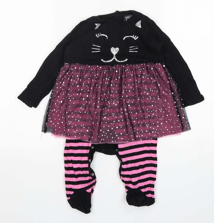 Hallowscream Girls Multicoloured Striped Cotton Babygrow One-Piece Size 12-18 Months - Cat Print