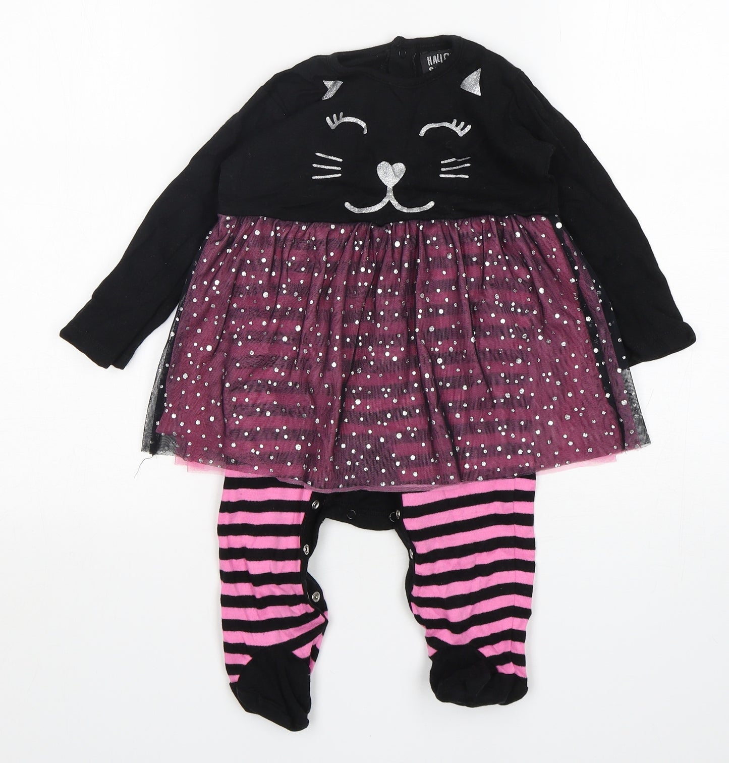 Hallowscream Girls Multicoloured Striped Cotton Babygrow One-Piece Size 12-18 Months   - Cat Print