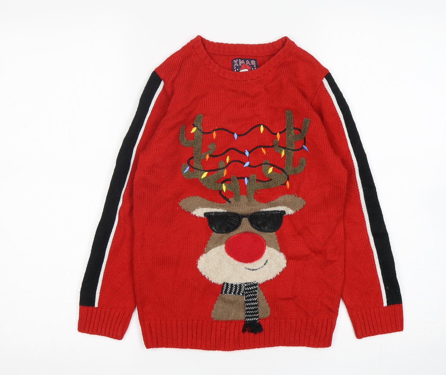 F&F Boys Red Round Neck  Acrylic Pullover Jumper Size 7-8 Years   - Christmas