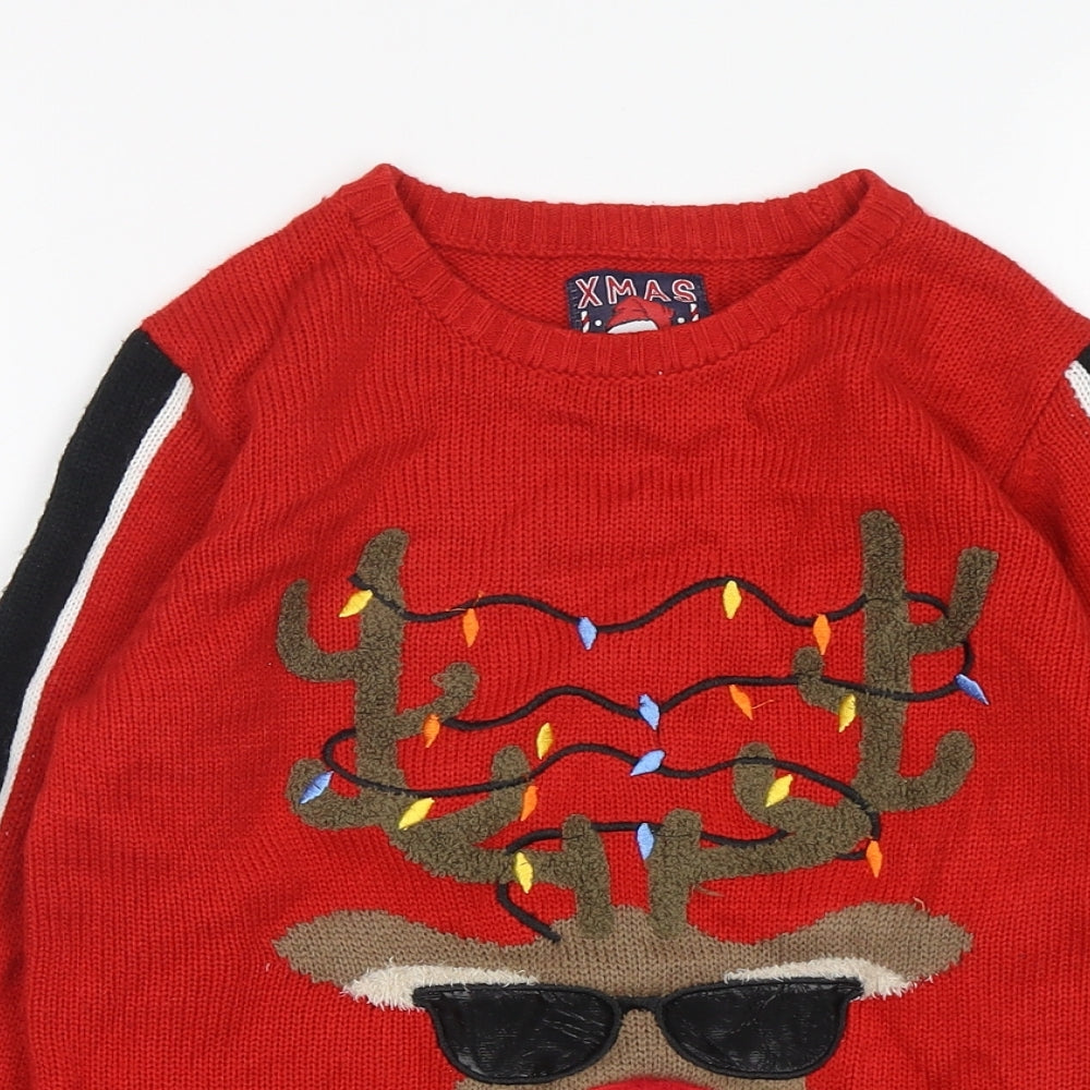 F&F Boys Red Round Neck  Acrylic Pullover Jumper Size 7-8 Years   - Christmas