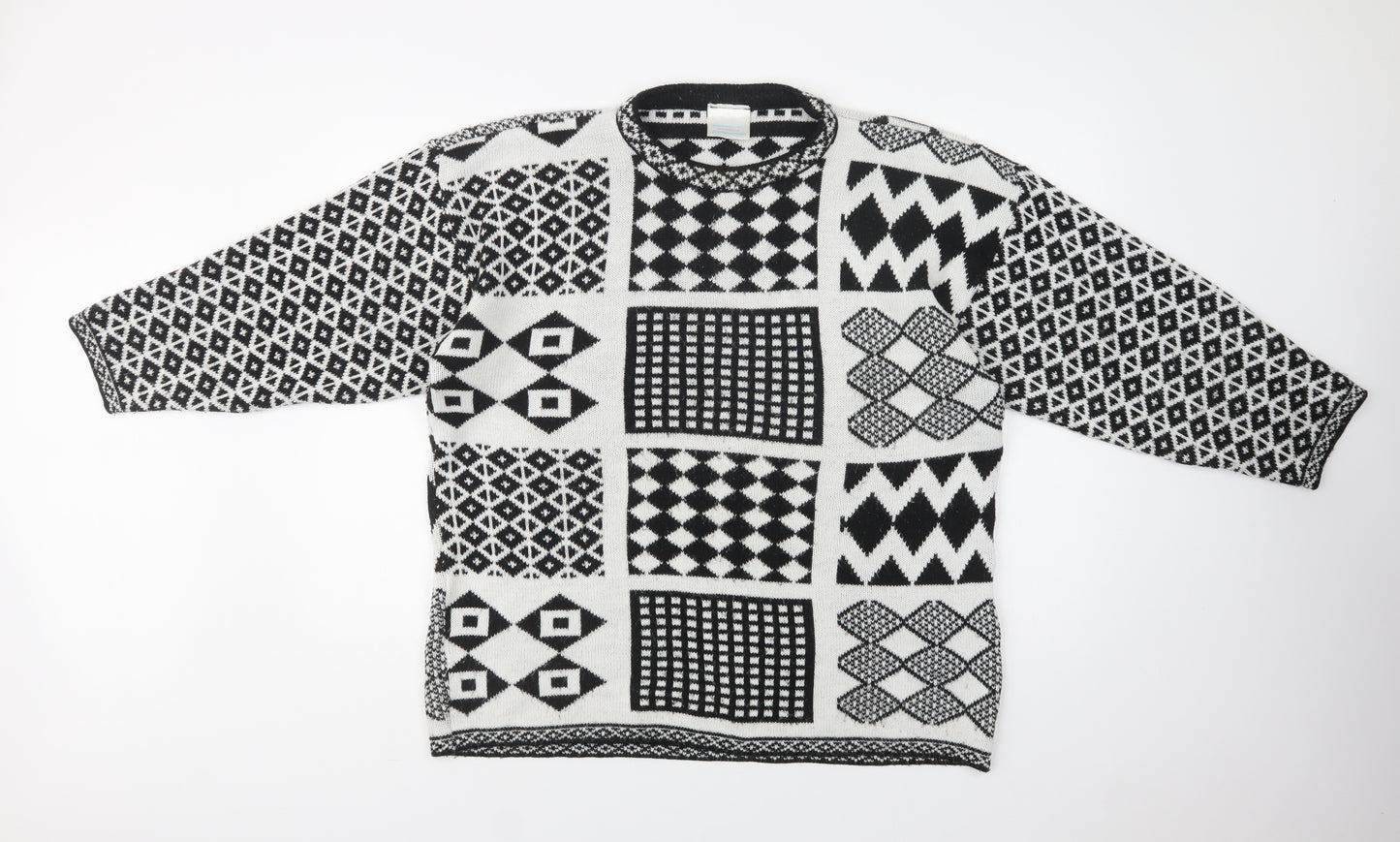 Preworn Womens Black Crew Neck Geometric Acrylic Pullover Jumper Size XL
