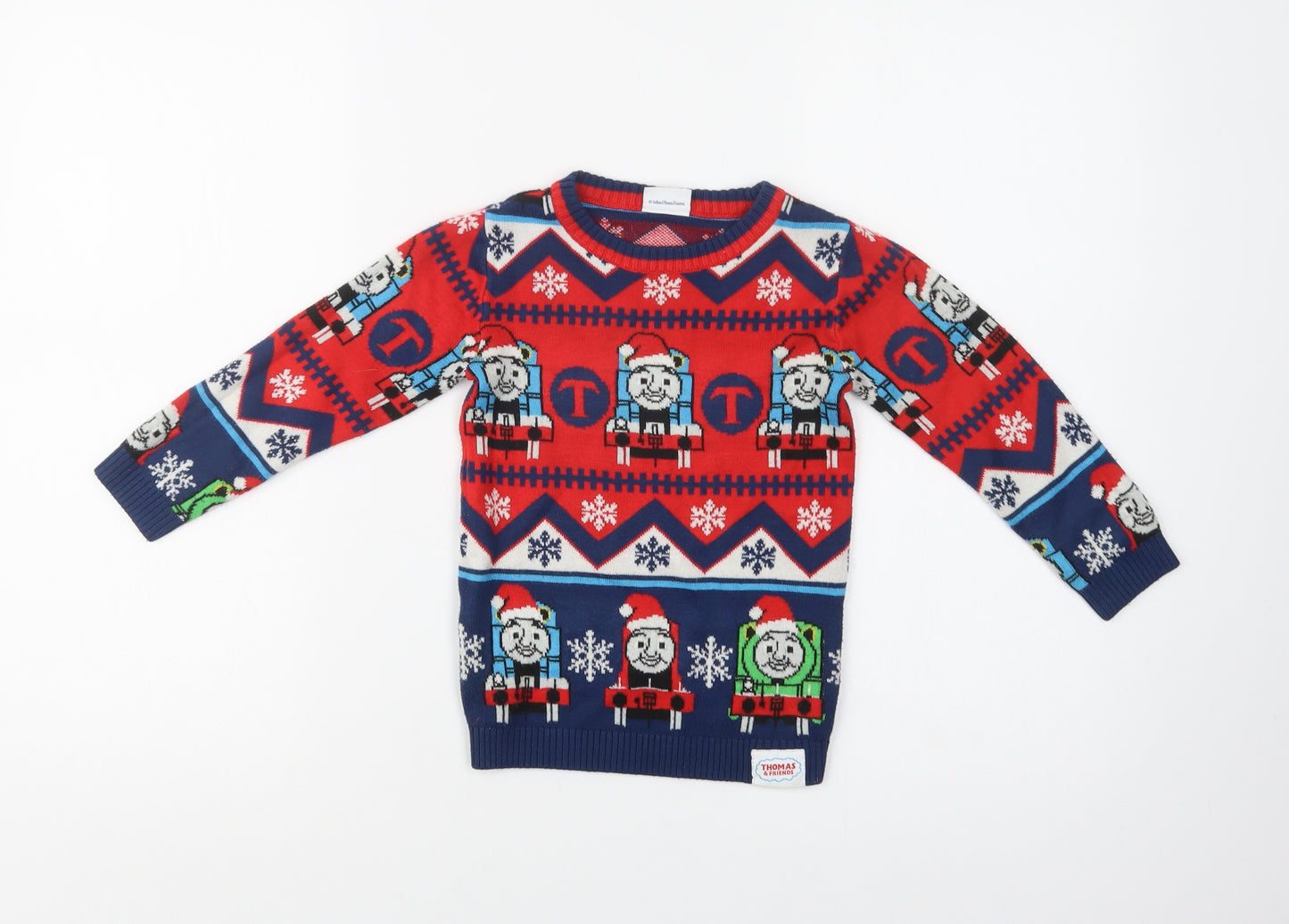 TU Boys Red Crew Neck Geometric Acrylic Pullover Jumper Size 2-3 Years   - Thomas the Tank