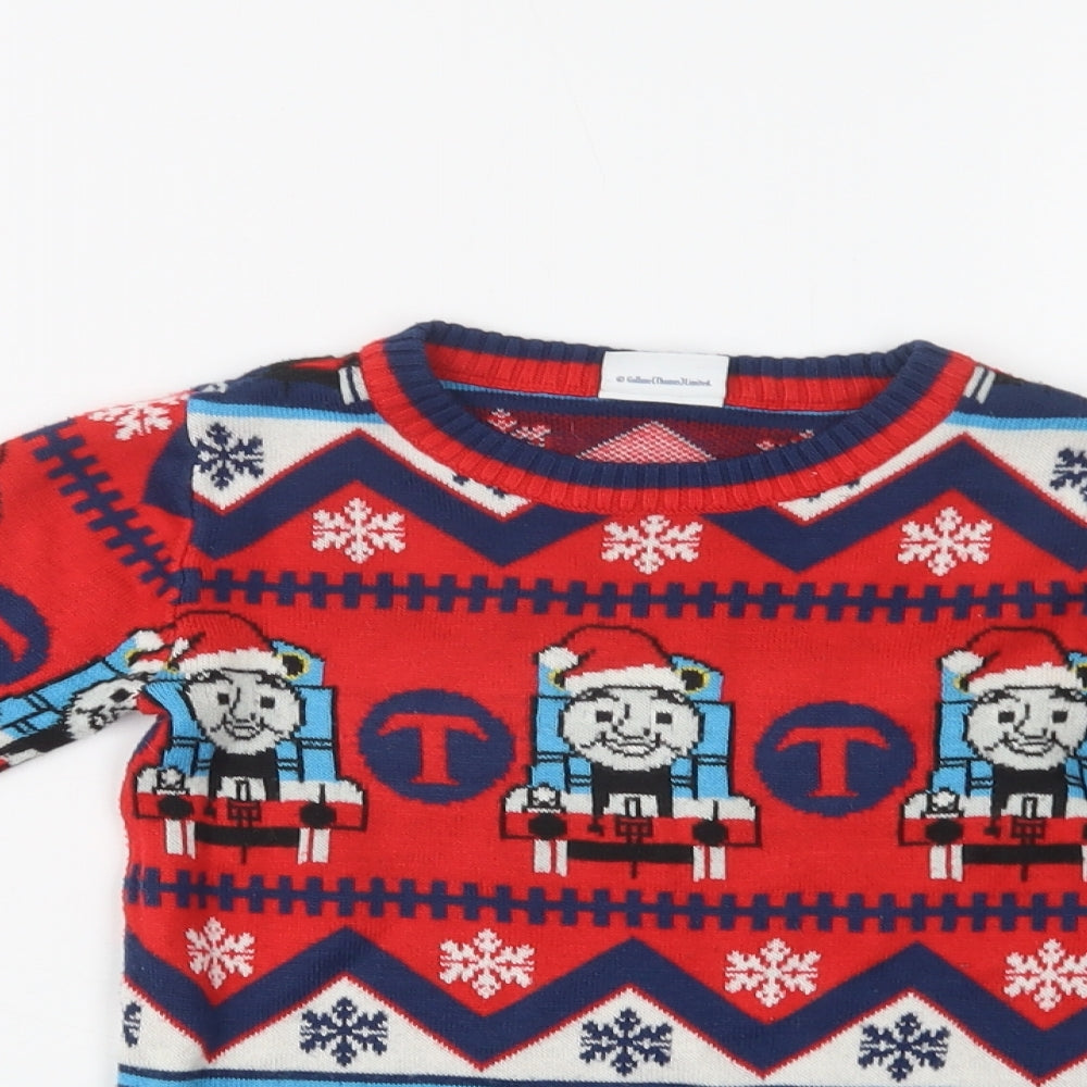 TU Boys Red Crew Neck Geometric Acrylic Pullover Jumper Size 2-3 Years   - Thomas the Tank