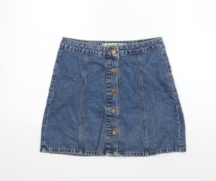 Denim & Co. Womens Blue Cotton A-Line Skirt Size 10 Button - Distressed