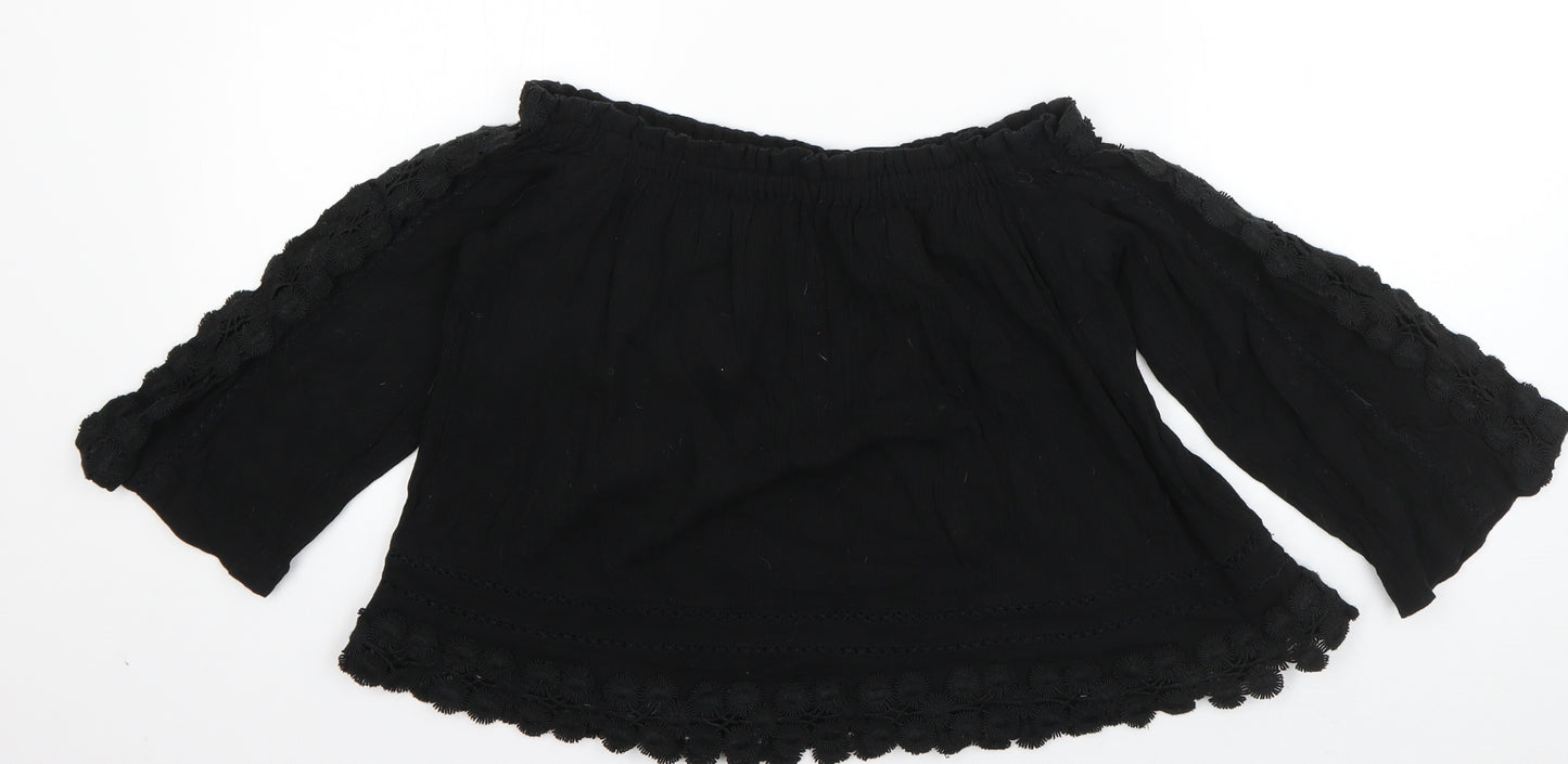 Topshop Womens Black  Cotton Basic Blouse Size 8 Off the Shoulder - Crochet detail