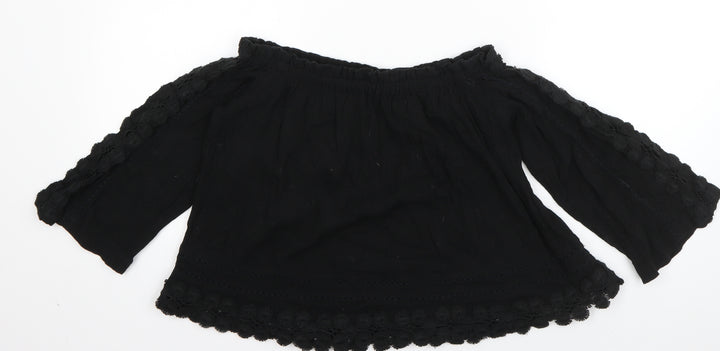 Topshop Womens Black  Cotton Basic Blouse Size 8 Off the Shoulder - Crochet detail