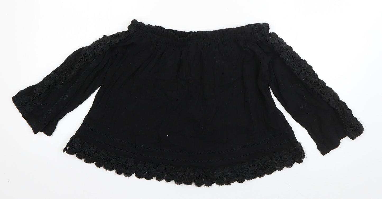 Topshop Womens Black  Cotton Basic Blouse Size 8 Off the Shoulder - Crochet detail
