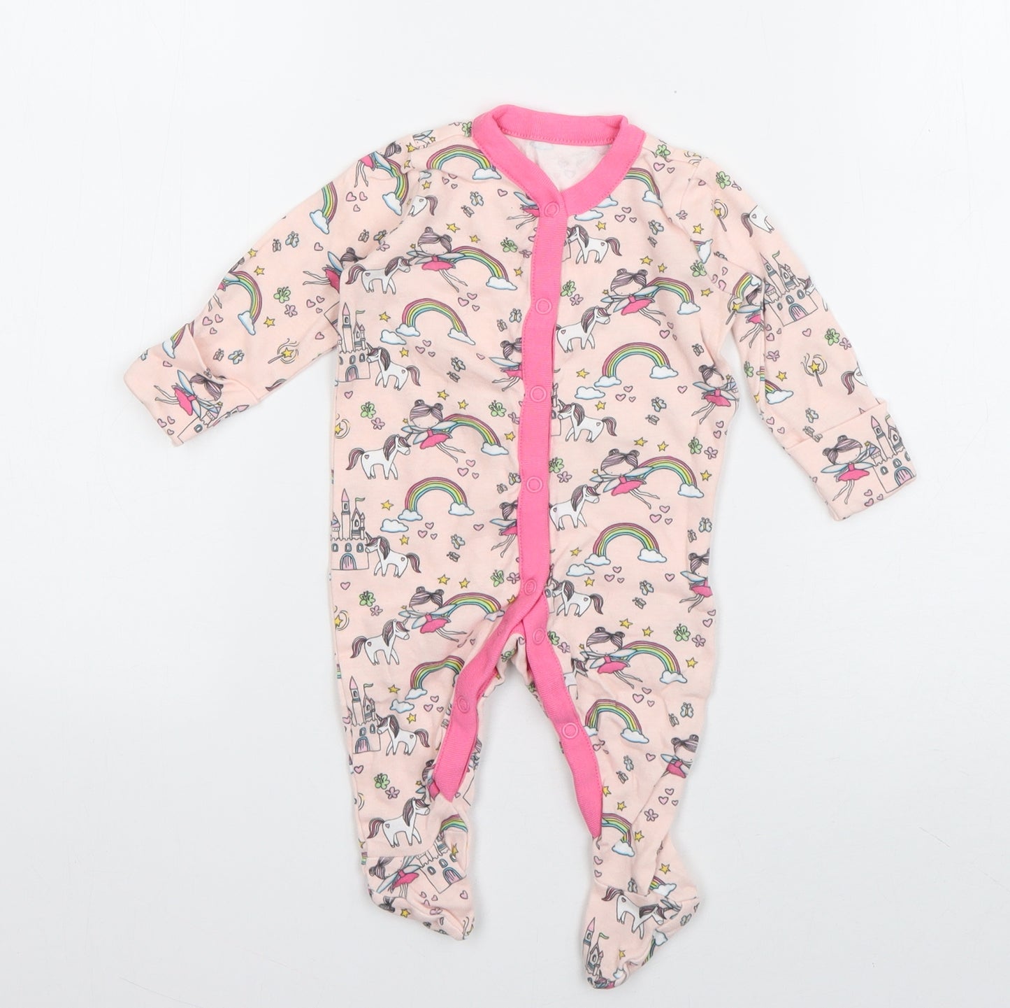 George Girls Pink Geometric Cotton Babygrow One-Piece Size 0-3 Months  Snap - Fairy Castle Print