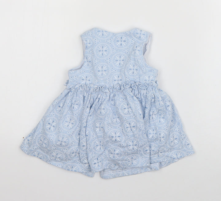 Matalan Girls Blue Geometric Cotton Tank Dress Size 3-6 Months Round Neck Button
