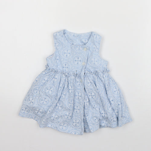 Matalan Girls Blue Geometric Cotton Tank Dress  Size 3-6 Months  Round Neck Button