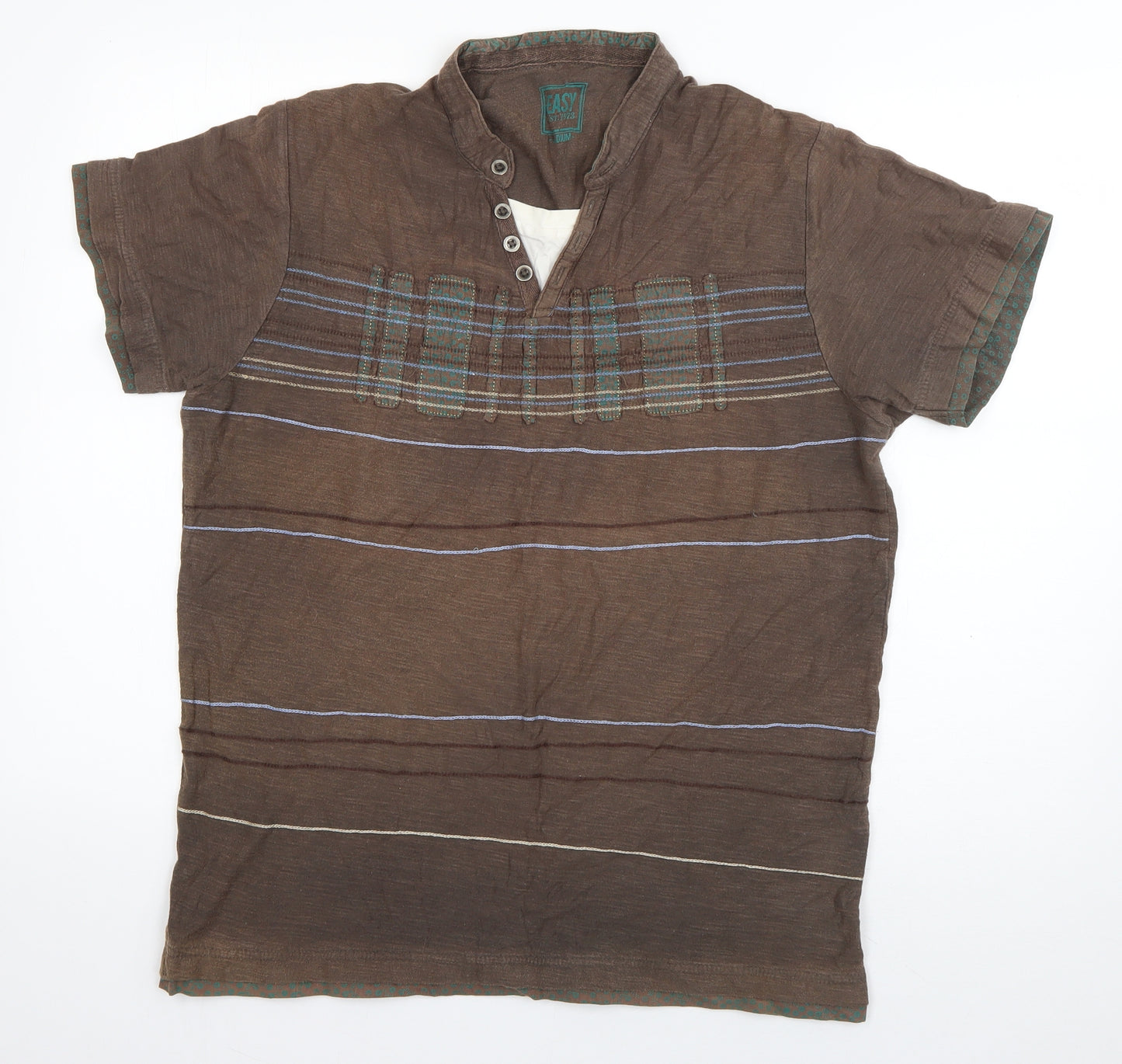 Easy Mens Brown Striped Cotton  T-Shirt Size M V-Neck