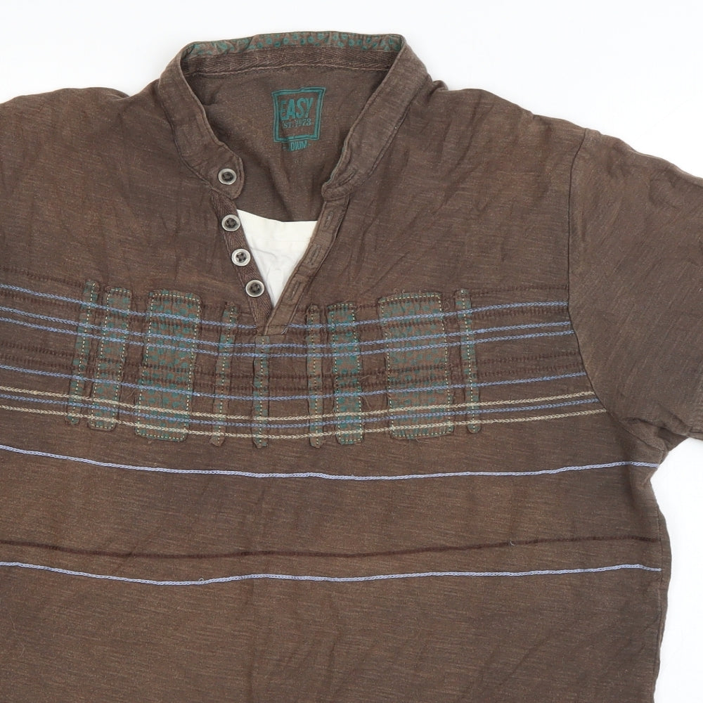 Easy Mens Brown Striped Cotton  T-Shirt Size M V-Neck