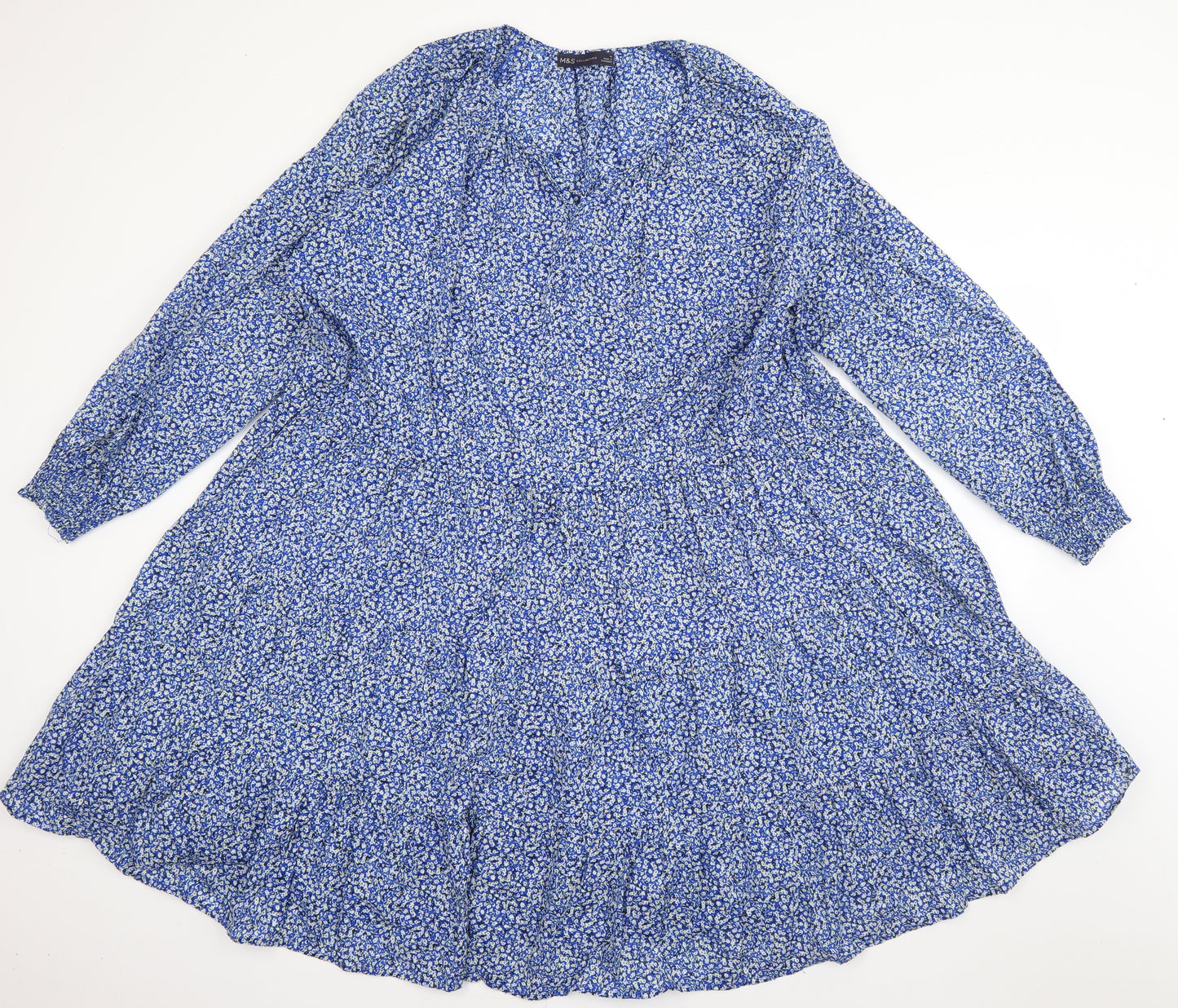 Marks and Spencer Womens Blue Floral Cotton A-Line  Size 14  Scoop Neck Pullover - Smock