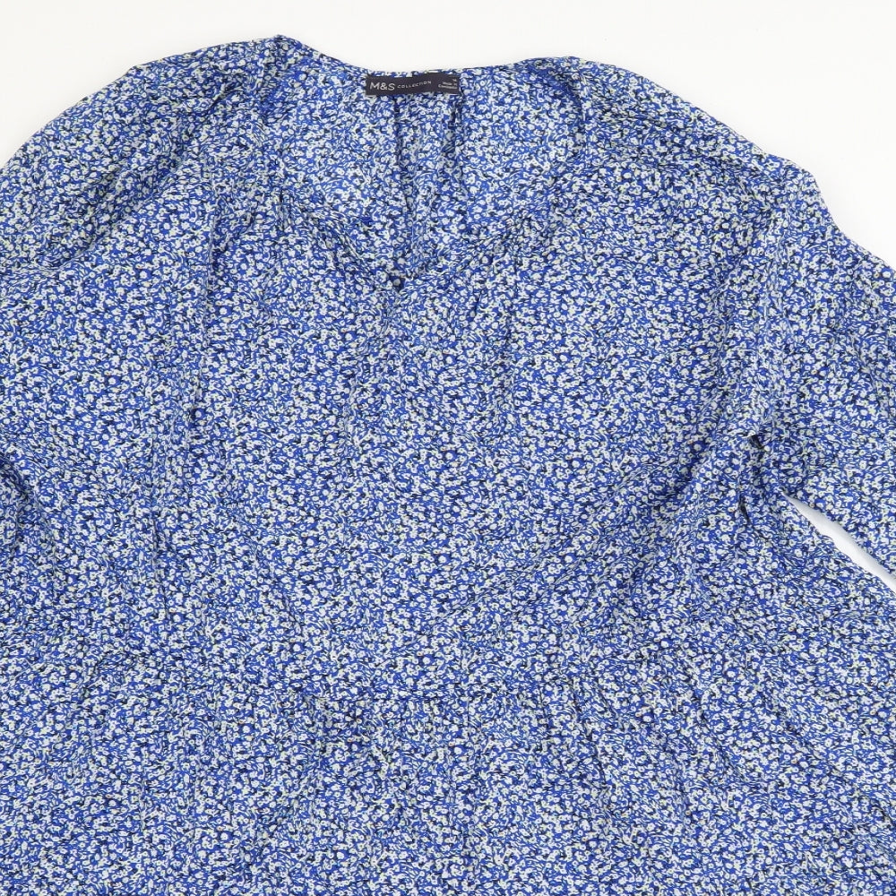 Marks and Spencer Womens Blue Floral Cotton A-Line  Size 14  Scoop Neck Pullover - Smock